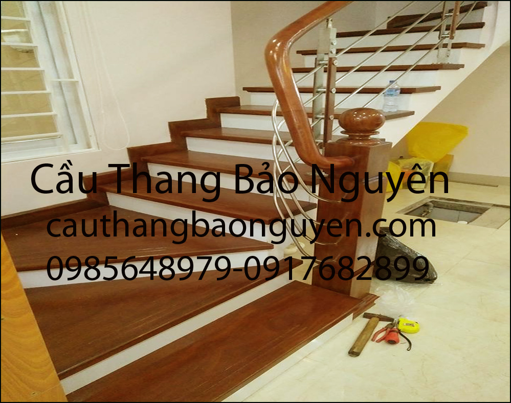 cầu thang ốp bậc gỗ tay vịn lan can inox M6
