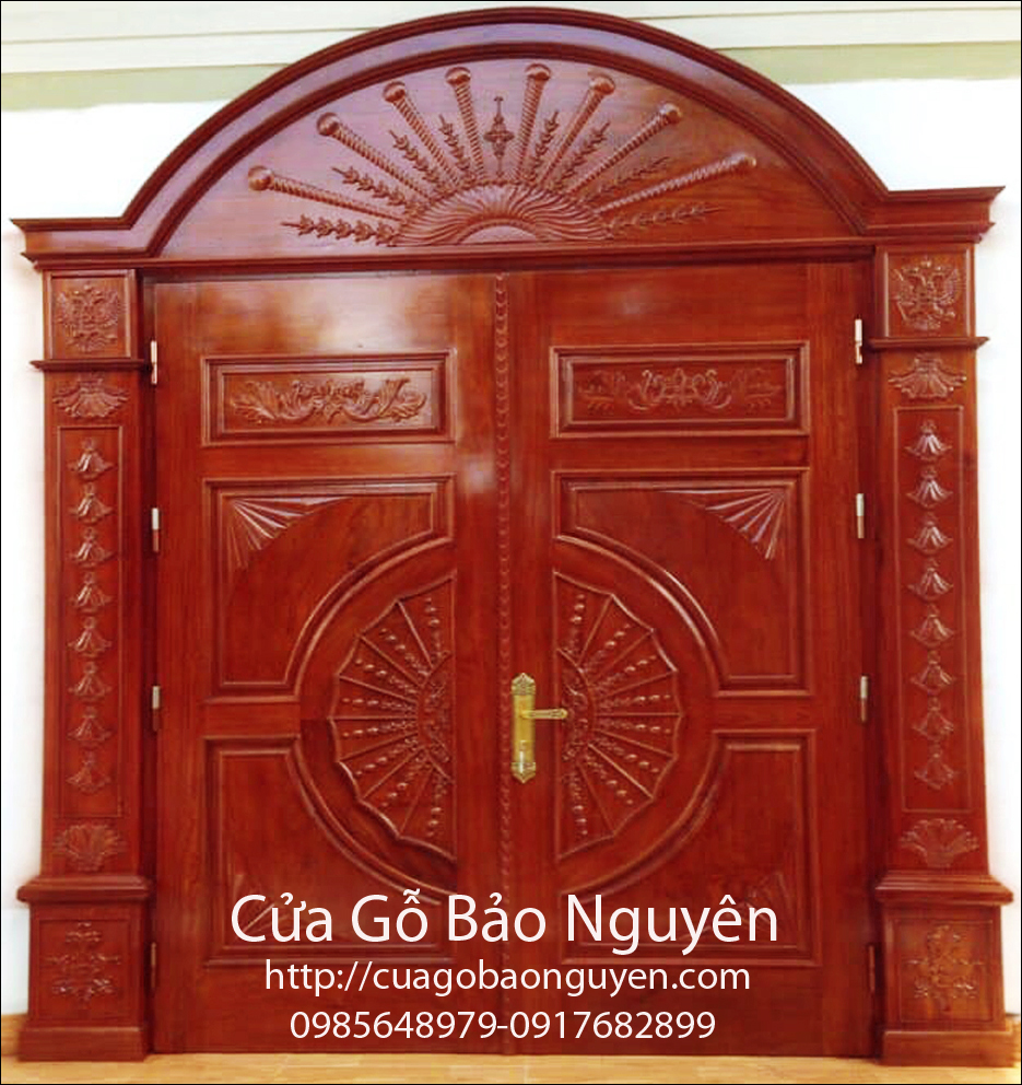cửa đại sảnh mặt tiền 2 cánh gỗ lim công gô M4