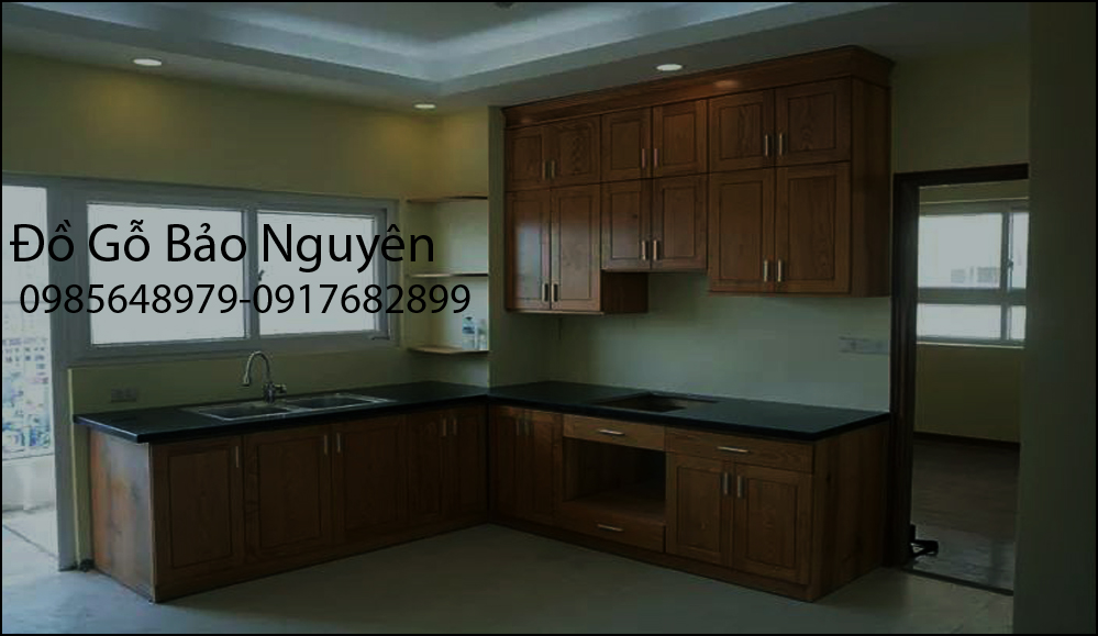 Tủ bếp gỗ sồi trắng sơn màu óc chó M10